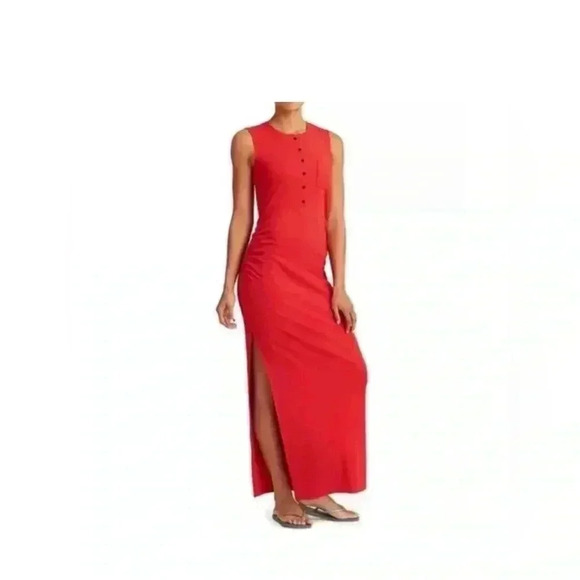 Athleta Ribbed Henley Maxi Sleeveless Dress in Saffron Red - Picture 1 of 7